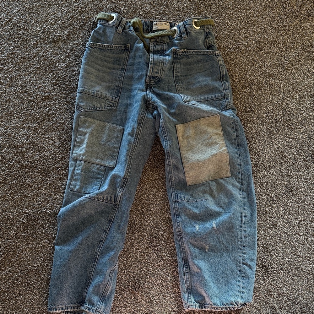 We The Free Denim Cargo Pants with Olive Accents
